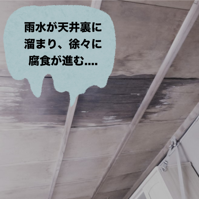 雨水が天井裏に溜まり、徐々に腐食が進む...